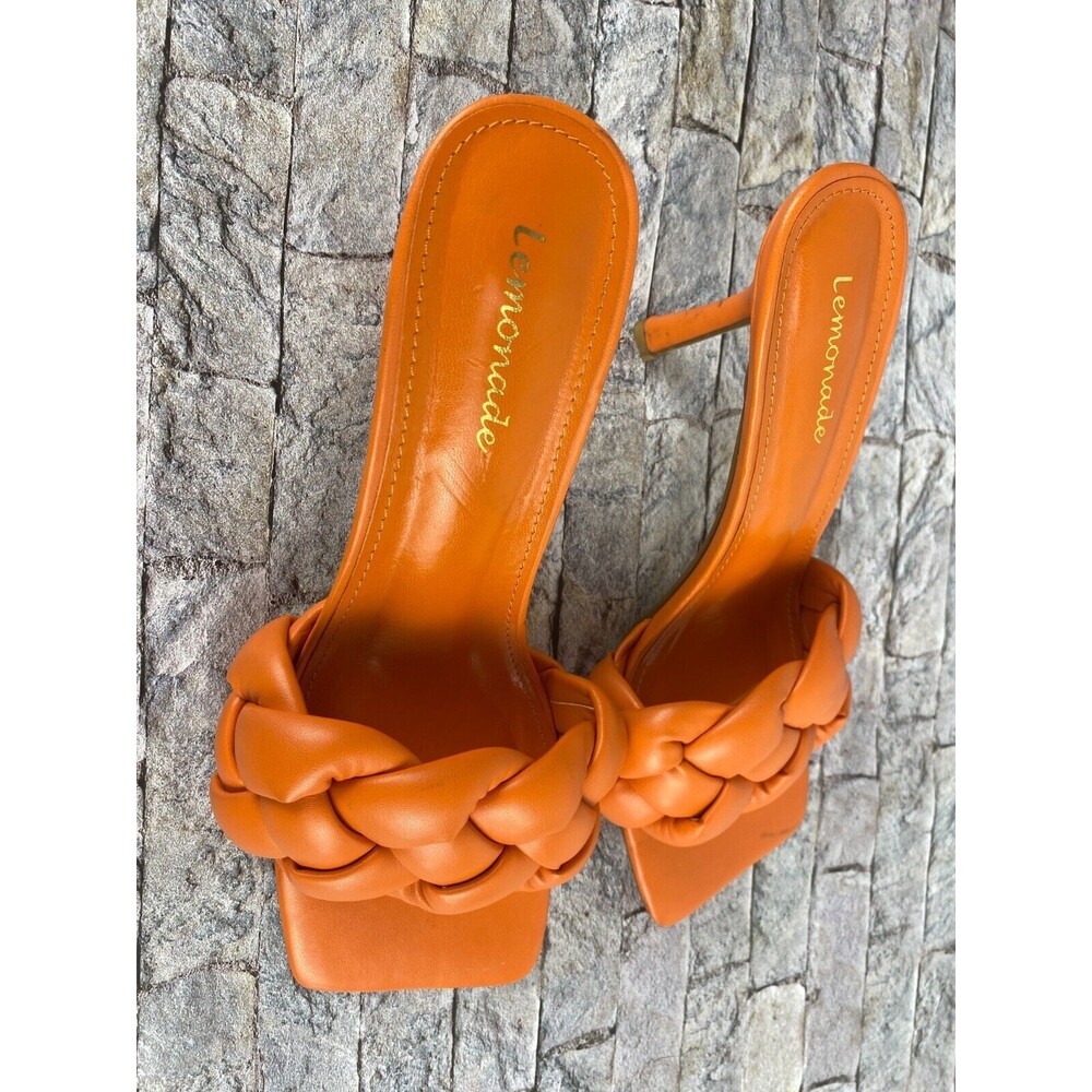 Lemonade Womens Sz 8.5 Orange Knotted Open Square Toe Slip On Spike Heels - Picture 2 of 9